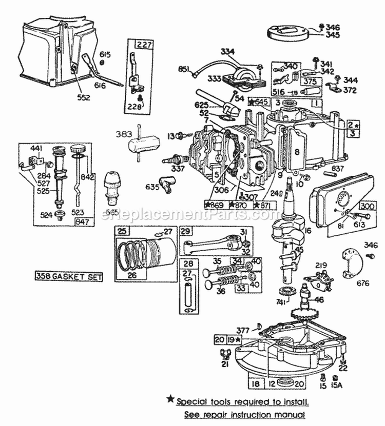 Cyl Mufflers Piston Sump Diagram and Parts List for 094908-0164-99  Briggs and Stratton Engine
